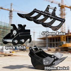 Mini Excavator Attachments Set 200mm Trenching Bucket Quick Coupler 450mm Rake