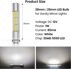 28mm Sun Visor Vanity Mirror LED Bulbs, 29mm Car Bulb 6000K White Light, DC 12V