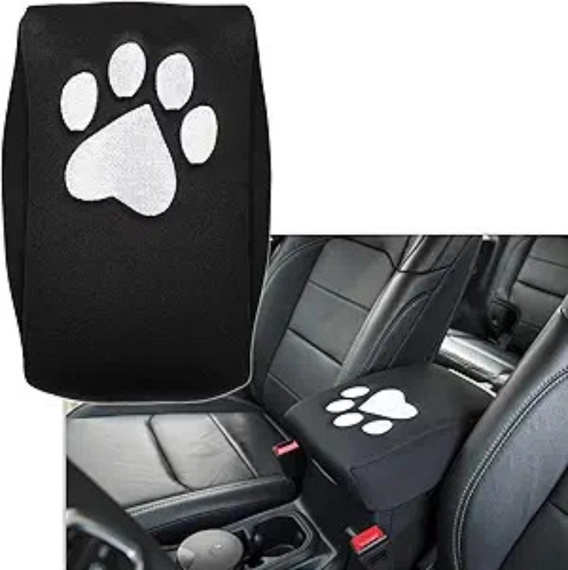 Neoprene Center Console Armrest Pad Cover Black Dog Paw Print Protector Cushion