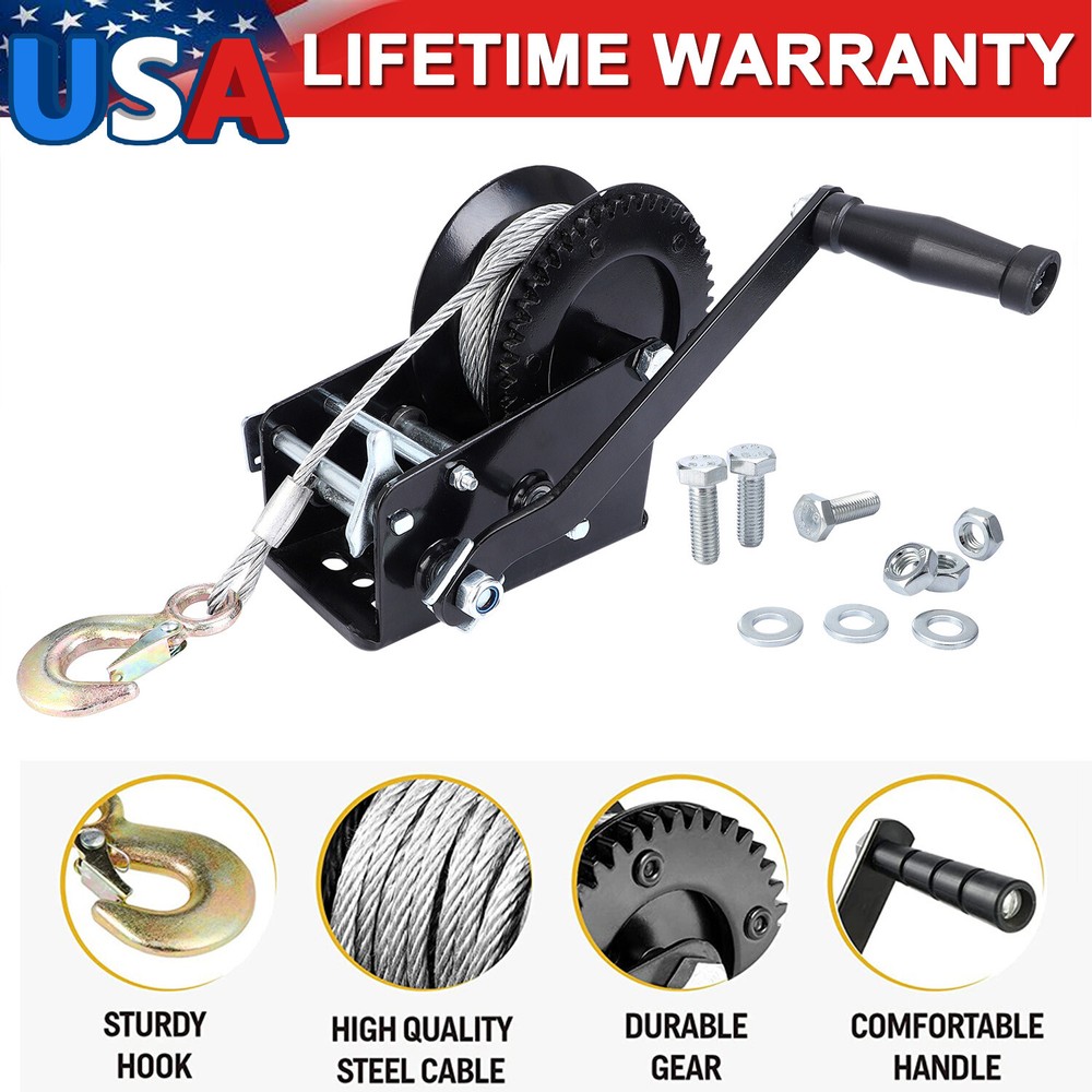 Hand Winch 3500LBS Hand Crank 2 Gear Steel Cable ATV Trailer Boat Heavy Duty US